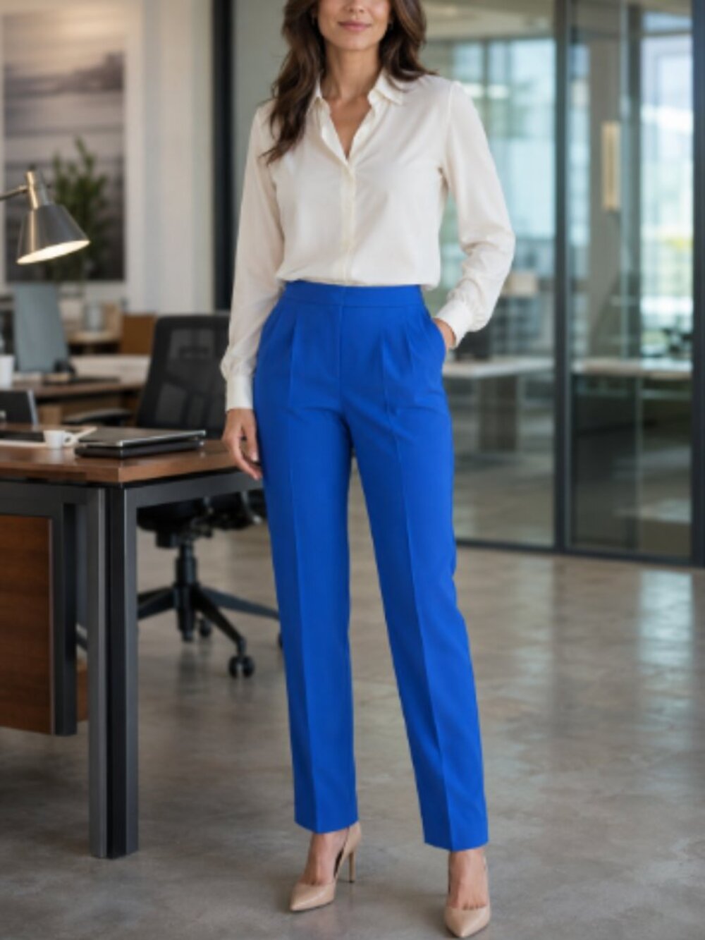Woman's classic office pants Royal blue with pockets and zipper